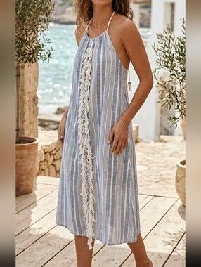 aerie Blue and White Striped Halter Midi Dress with Tassel Front